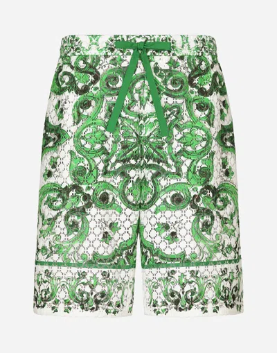 DOLCE & GABBANA CROCHET LACE JOGGING SHORTS WITH MAJOLICA PRINT