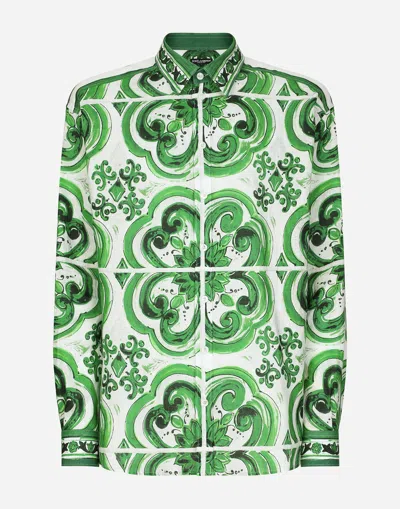 Dolce & Gabbana Majolica-print Linen Hawaiian Shirt In Green