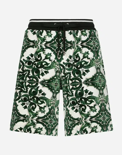 Dolce & Gabbana Chenille Jogging Shorts With Majolica Print In Green