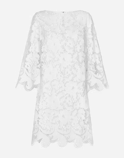DOLCE & GABBANA FLOATY SHORT COTTON DRESS WITH FLORAL OPENWORK EMBROIDERY