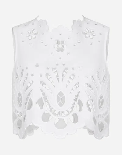 Dolce & Gabbana Cutout Embroidered Cotton Popeline Crop Blouse In White