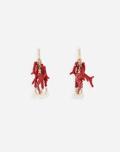 DOLCE & GABBANA CREOLE EARRINGS WITH HORN, CORAL BRANCHES AND PEARLS