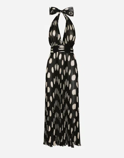 DOLCE & GABBANA PLEATED CHIFFON CALF-LENGTH DRESS WITH POLKA-DOT PRINT