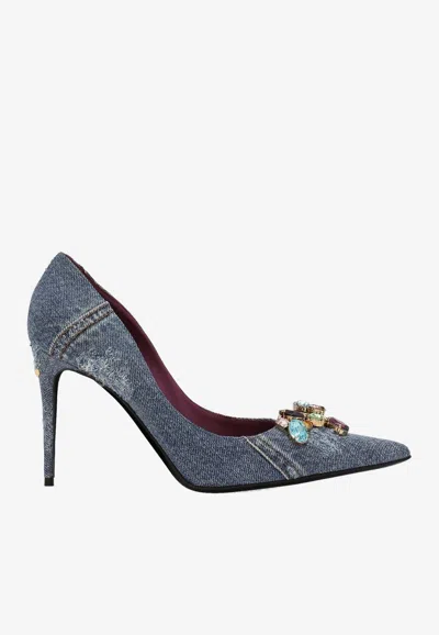 DOLCE & GABBANA 90 CRYSTAL-EMBELLISHED PATCHWORK DENIM PUMPS