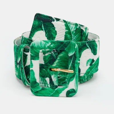 Pre-owned Dolce & Gabbana 90cm Green/white Banana Leaf Print Canvas Buckle Belt