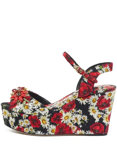 Pre-owned Dolce & Gabbana 90mm Floral-print Platform Wedge Sandals