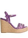 Dolce & Gabbana Violet Wedges With Logo Embroidery On The Front And All-over Majolica Motif In Cotton Blend Woman In Purple