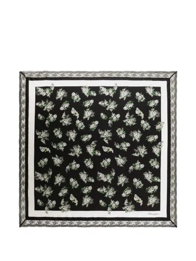 Dolce & Gabbana 90x90 Small Flower Bouquet-print Silk Twill Scarf With Lace Insert In Black
