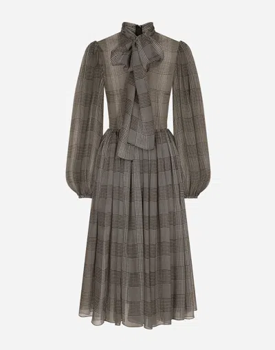 DOLCE & GABBANA SILK CHIFFON DRESS WITH GLEN PLAID PRINT