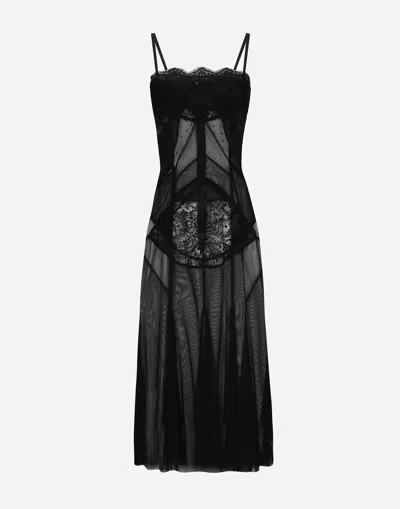 DOLCE & GABBANA TULLE, MESH AND LACE CALF-LENGTH SLIP DRESS