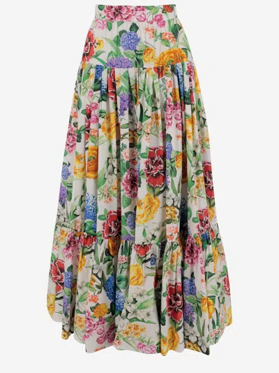 Dolce & Gabbana Long Ruffle Skirt In Cotton Poplin With Floral Pattern In Multicolor