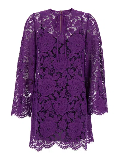 DOLCE & GABBANA VIOLET DRESS WITH ROUND NECK AND ALL-OVER FLORAL EMBROIDERY IN COTTON BLEND WOMAN