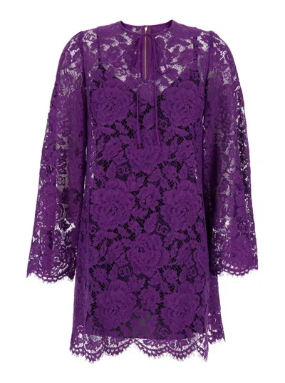 DOLCE & GABBANA VIOLET DRESS WITH ROUND NECK AND ALL-OVER FLORAL EMBROIDERY