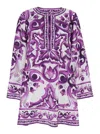 Dolce & Gabbana Majolica Silk Twill Long-sleeve Mini Shift Dress In Purple