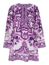 Dolce & Gabbana Majolica Silk Twill Long-sleeve Mini Shift Dress In Purple