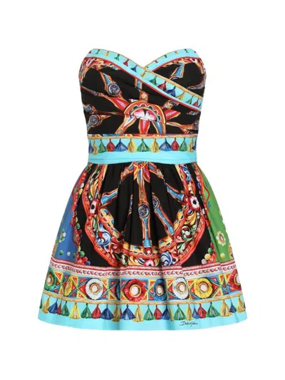 Dolce & Gabbana Abito Corto In Popeline Con Stampa Carretto Multicolore Dolce E Gabbana