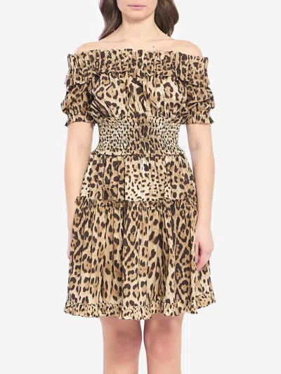 Dolce & Gabbana Short Leopard Print Poplin Dress In Multi