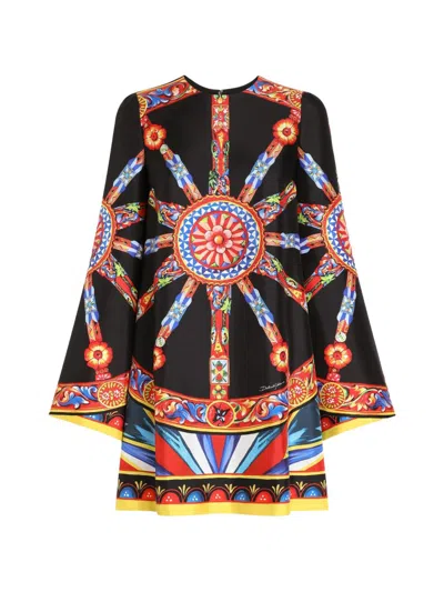 Dolce & Gabbana Abito Corto Nero In Seta Con Stampa Grafica Fantasia Dolce E Gabbana