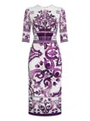 Dolce & Gabbana Violet Crewneck Dress With Rear Zip Closure And All-over Floral Print In Silk Stretch Woman In Purple