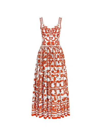 Dolce & Gabbana Abito Lungo In Popeline Con Stampa Maiolica Arancione Dolce E Gabbana