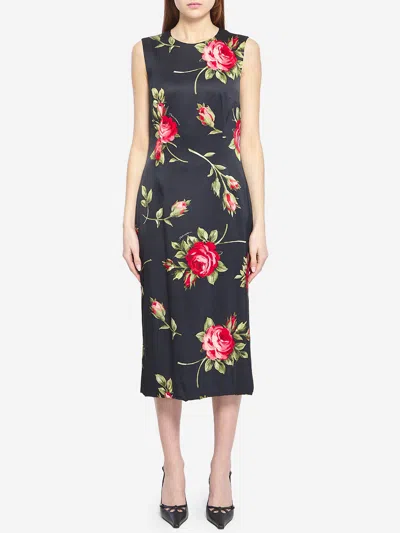 Dolce & Gabbana Women Black Dress With All-over Floral Print In Silk Woman In Multi