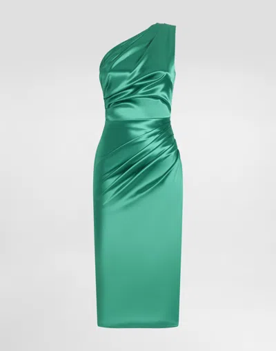 Dolce & Gabbana One-shoulder Stretch Satin Dress In Green