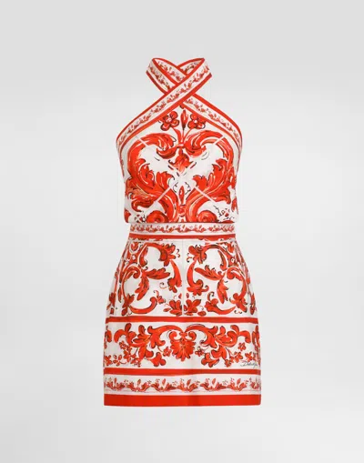 Dolce & Gabbana Majolica Cotton Poplin Minidress In Multi