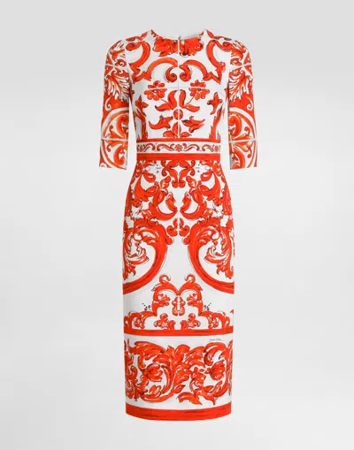 Dolce & Gabbana Silk Long Dress With Maiolica Print In Multi