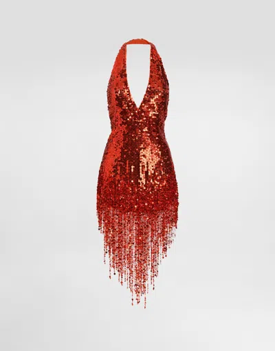 Dolce & Gabbana Tulle Dress With Sequin Embroidery In Orange