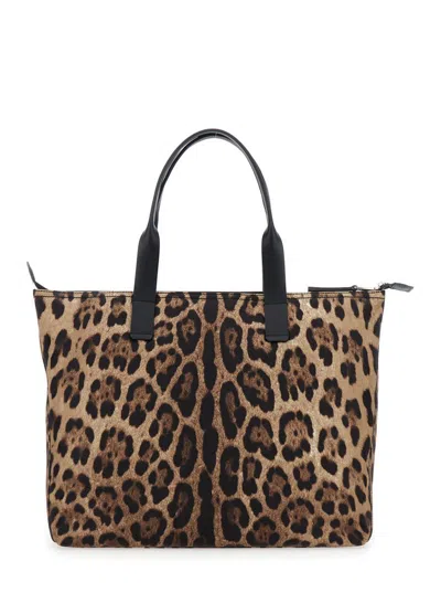 Dolce & Gabbana 'adamo' Brown Shopper With All-over Leopard Print In Tech Fabric Man