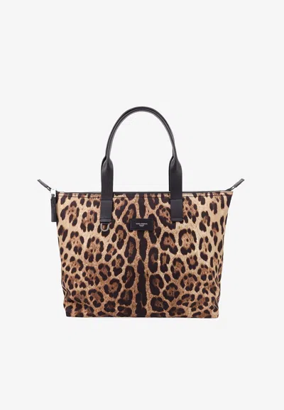 Dolce & Gabbana Adamo Leopard Print Tote Bag In Brown