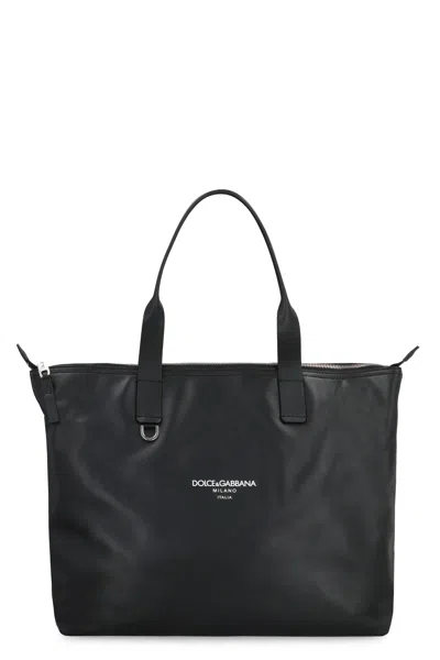 Dolce & Gabbana Adamo Media Smooth Calf Leather Tote Bag With Top Zip And Handles (40 X 35 X 13 Cm) In Black
