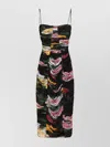 Dolce & Gabbana Tulle Calf-length Slip Dress With Draping And Peony And Rose Print In Black