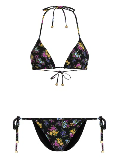 Dolce & Gabbana Adjustable Triangle Bikini Top & Thong Bikini Bottom Set With Gold-plated Dg Aglets In Nero