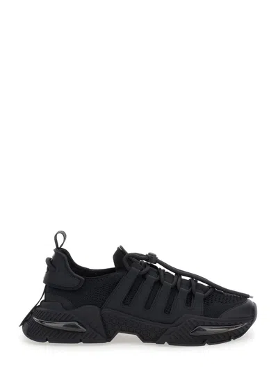 DOLCE & GABBANA AIRMASTER BLACK LOW TOP SNEAKERS WITH LOGO DETAIL IN LEATHER AND MIXED FABRICS MAN