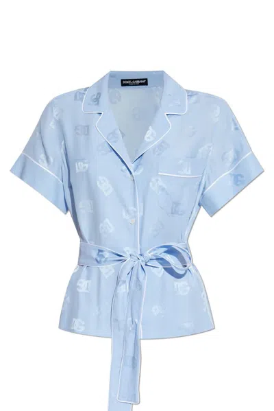 Dolce & Gabbana Silk Satin Logo Jacquard Pajama Shirt In Blue