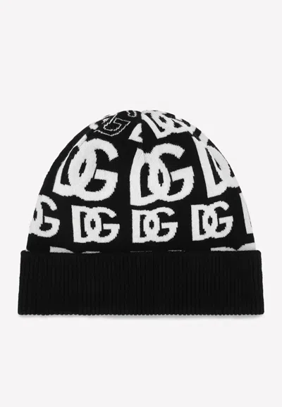 Dolce & Gabbana All-over Dg Logo Cashmere Beanie In Monochrome