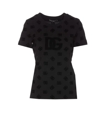 Dolce & Gabbana All Over Flocked Dg Logo T-shirt In Nero