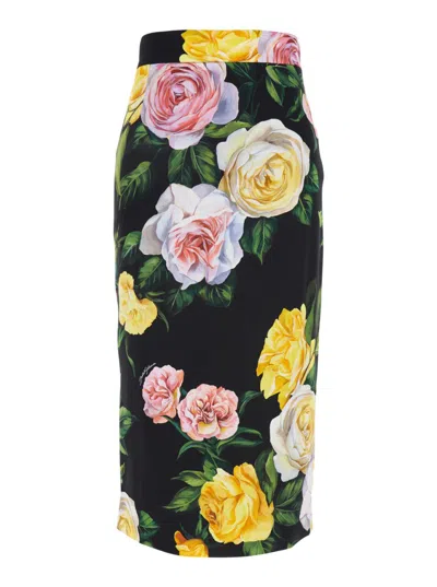 DOLCE & GABBANA DOLCE & GABBANA ALL-OVER FLORAL PRINT SILK BLACK MIDI SKIRT