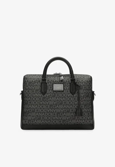 Dolce & Gabbana All-over Jacquard Coated Fabric Briefcase In Black
