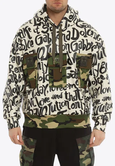 Dolce & Gabbana All-over Logo Hooded Sweatshirt With Camo Pockets In Multi
