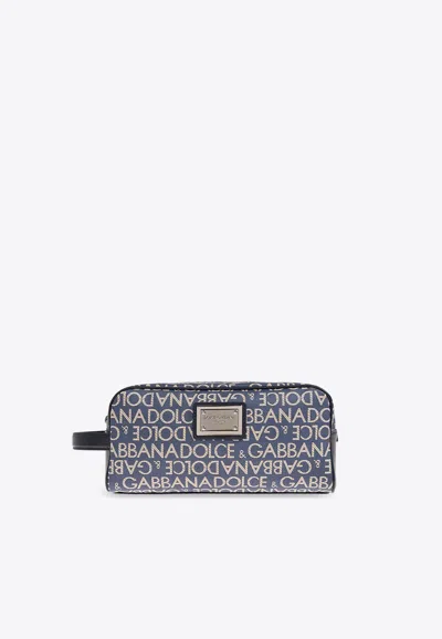 Dolce & Gabbana All-over Logo Jacquard Toiletry Bag In Blue