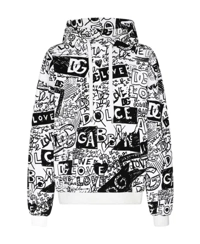DOLCE & GABBANA DOLCE  GABBANA ALLOVER LOGO PRINTED DRAWSTRING HOODIE