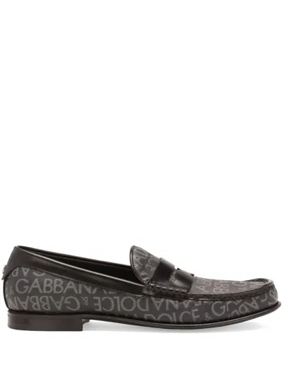 Dolce & Gabbana Allover Logo Leather Loafers In Black