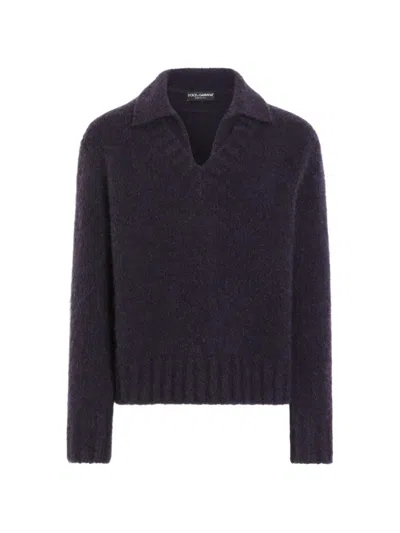 Dolce & Gabbana Paint-effect Wool-blend Knit Sweater With Fine Rasato Finish In Blue