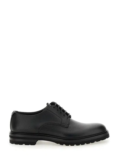 DOLCE & GABBANA 'ALTAVILLA' BLACK DERBY LACE-UP SHOES WITH METAL DG LOGO ON HEEL IN BRUSHED LEATHER MAN