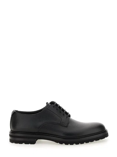 DOLCE & GABBANA ALTAVILLA BLACK DERBY LACE-UP SHOES WITH METAL DG LOGO ON HEEL IN BRUSHED LEATHER MAN