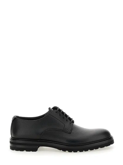 Dolce & Gabbana Altavilla Black Derby Lace-up Shoes With Metal Dg Logo On Heel In Brushed Leather Man In Multicolor