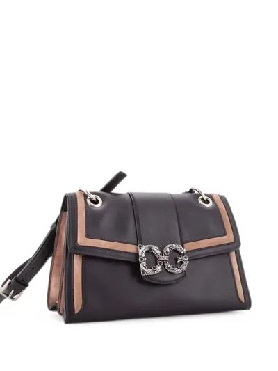 Pre-owned Dolce & Gabbana Amore Flap Leather With Suede Small Shoulder Bag In Black