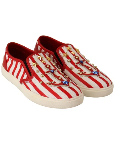 Dolce & Gabbana Red White Anchor Studded Loafers Shoes